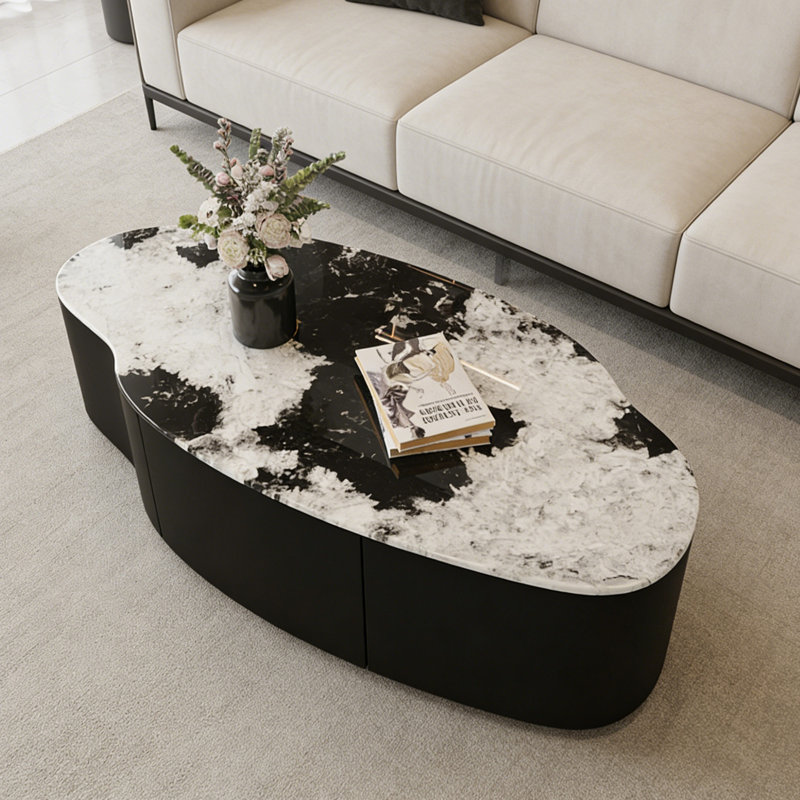 Table basse haut de gamme en verre trempé avec tiroir, H 15,74 po x L 39,37 po x l 19,68 po, Noir / blanc