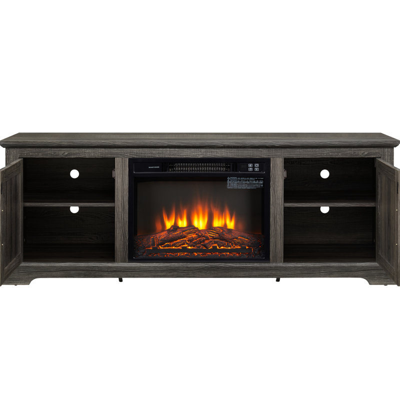 Meuble télé décoré avec foyer, capacité de 70 po, gris, h 23,35 po, tablettes réglables naturelles de 23 po, fonction