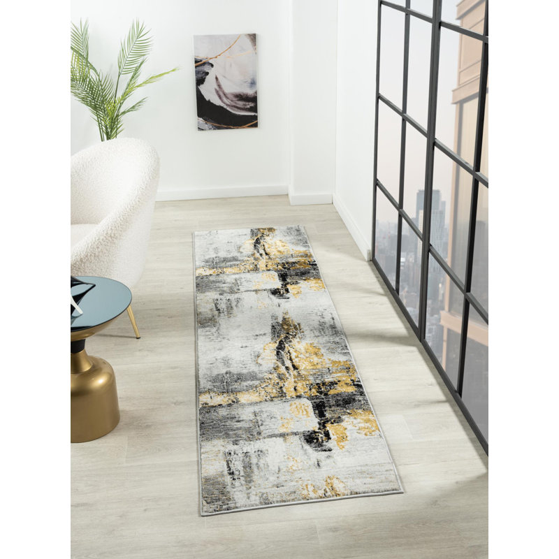 Nason Collection Abstract White/Gold Area Rug,, Runner 2'2" x 7'9"