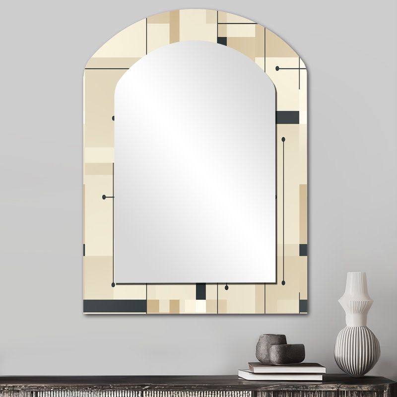 Beige And Grey Minimalist Grid Harmony - Geometric Arch Unique Mirror, Beige Asymmetrical Large Wall Mirror, Printed Metal Art