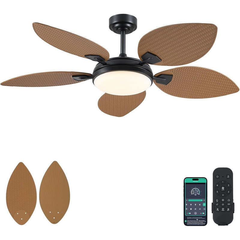 52/62" Tropical Palm Leaf Dimmable Ceiling Fans 5-blade With Lights And Remote, 52" Wide, Light Brown