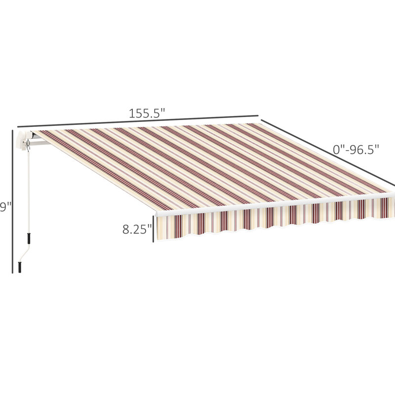 Auvent de patio pour terrasse - 13 pi x 8 pi rétractable et à eau, manivelle manuelle, cadre en aluminium, rayures rouges pour poignée de manivelle rétractable, cour