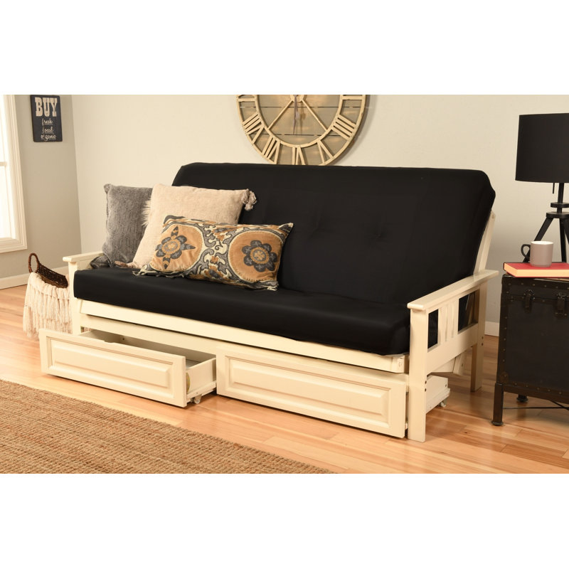 La structure de futon double Stratford comprend des tiroirs de rangement avec matelas, Blanc antique, Polyester noir