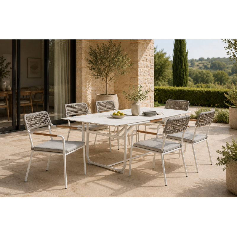 Dean 7-Piece Aluminum Outdoor Dining Set for 6 with Cushions – Patio Dining Table and Stackable Chairs with Teak Arm Accents