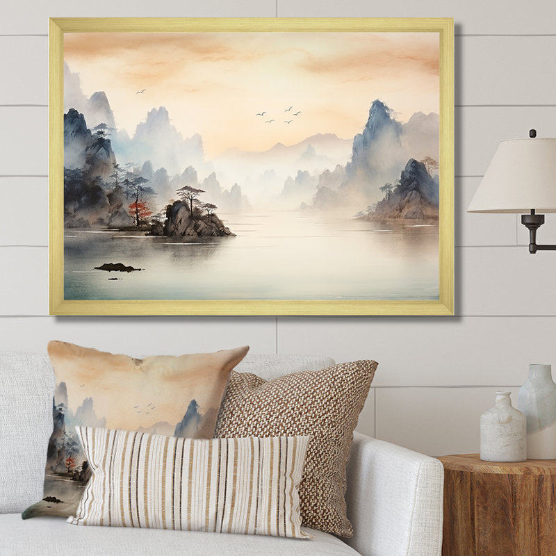 «Grey Tranquil Chinese Landscape Serenity II - China», art mural, Cadre d'angle fermé doré, H 30 po x l 40 po x P 1,5 po