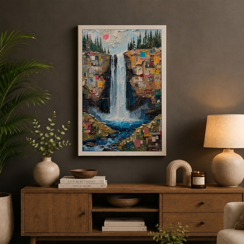 Waterfall in Wilderness Boho - Wrapped Canvas, 36x24 - 91.4 x 61.0 cm, Sage Border