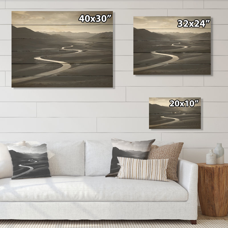 Black And White Mountain River - Mountains Wood Art On Natural Pine Wood, 10" H x 20" W