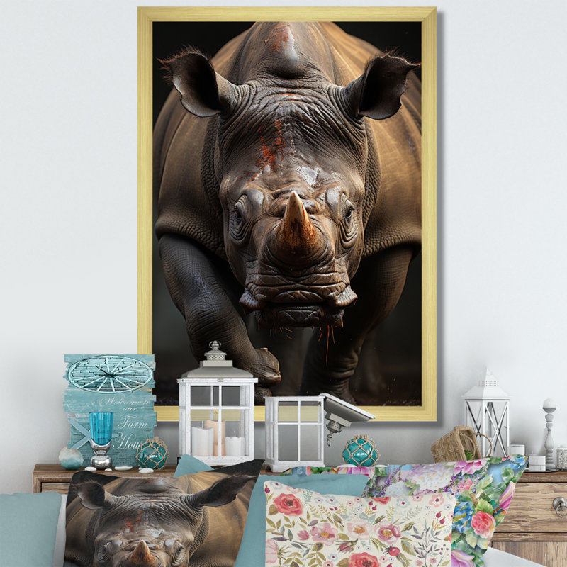 Kimpli, portrait d'un rhinocéros africain - reproduction, H 32 po x l 24 po x P 1 po, Encadrement doré