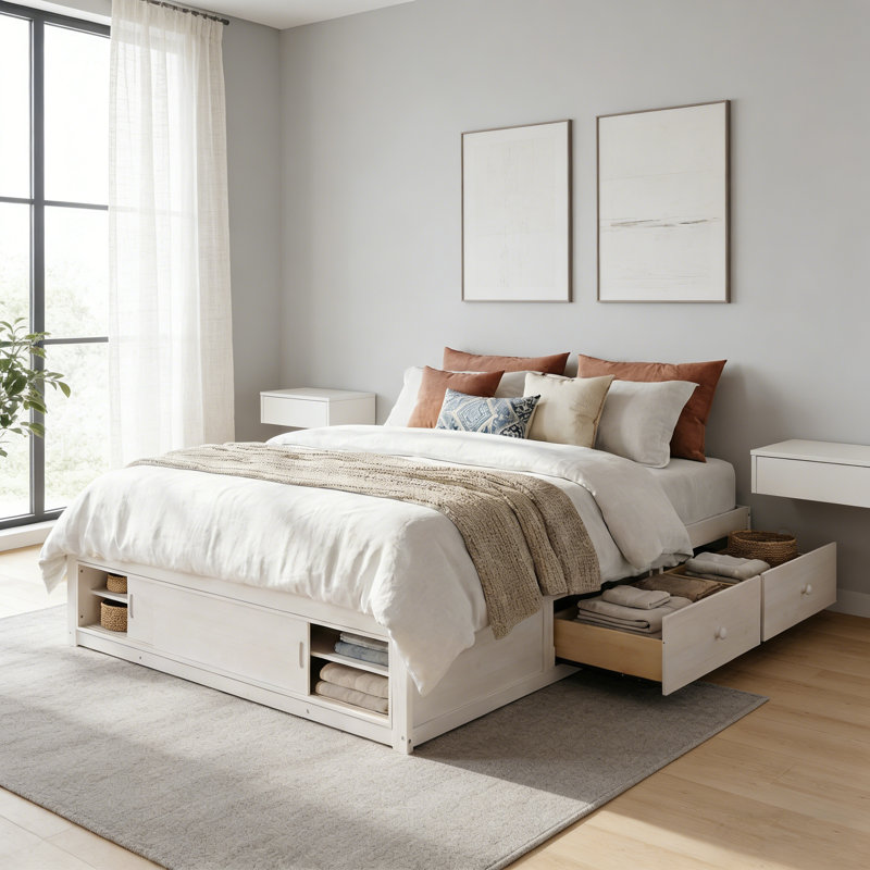 Grand lit plateforme antique blanc - 4 tiroirs de rangement + casier de pied de lit, sans tête de lit, conception moderne peu encombrante