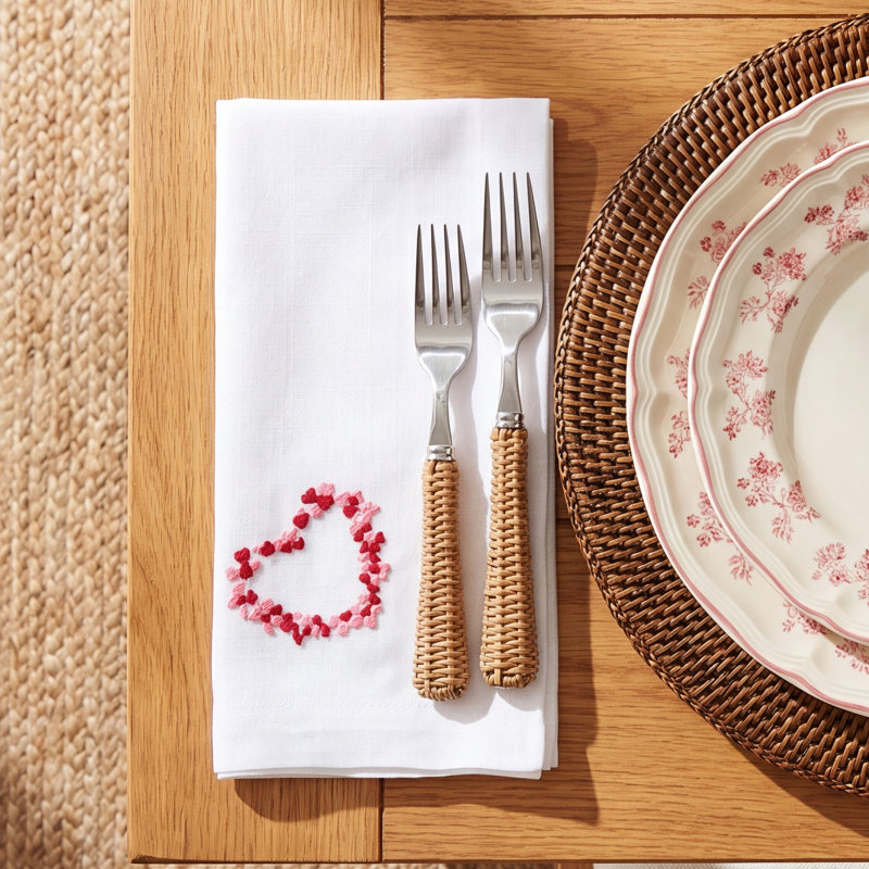 Embroidered Heart Wreath Napkins (Set of 4) – Scattered Heart Circle Motif for Romantic Tables, 20"x20"