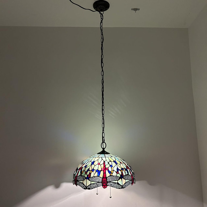 Tiffany Pendant Lights Fixture Plug In Stained Glass Dragonfly LED Bulbs Included 16"W*16"D*75"H, Green/Red
