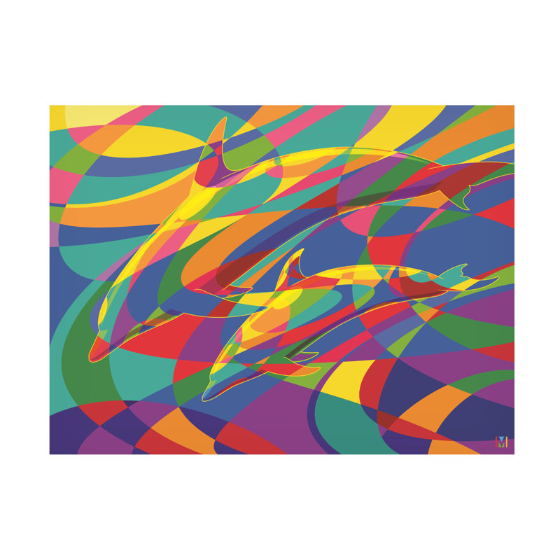 Art abstrait sur toile, "Michael Dolphins" par Michael David, H 35 po x l 47 po