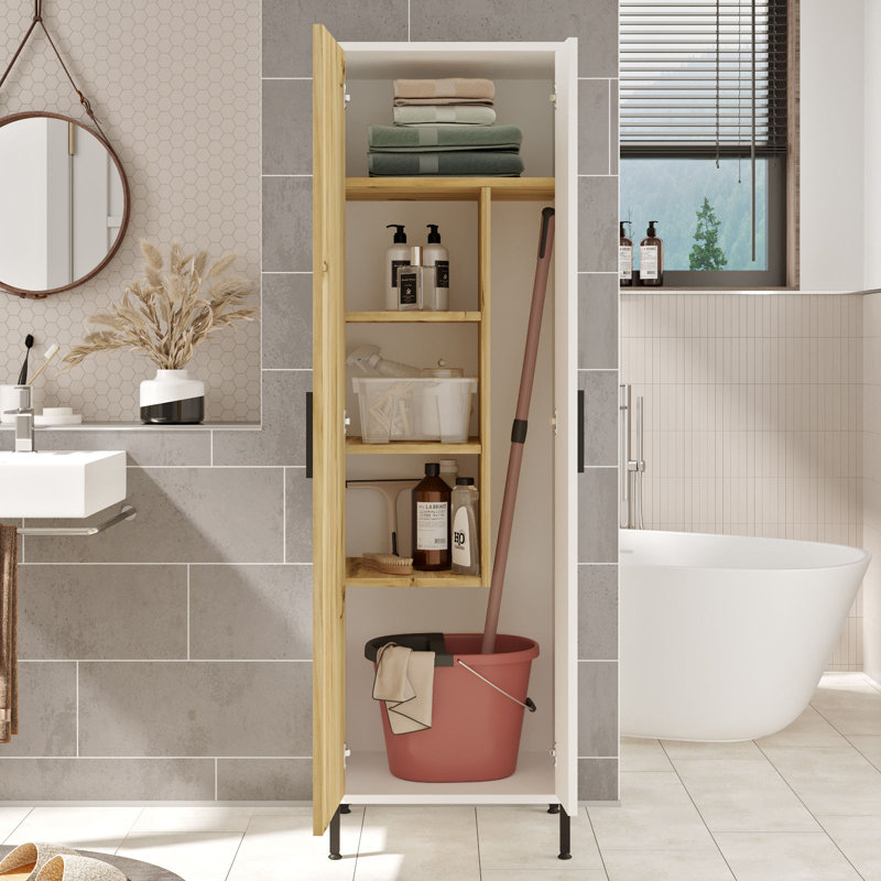 Armoire polyvalente moderne, noyer et blanc, 19,8 po x 65,0 po x 14,1 po | 100% panneau de particules enduit de mélamine, structure en métal robuste de 0,71 pouce d'épaisseur | Grandes tablettes pour un rangement supplémentaire, design élégant et fonctionnel