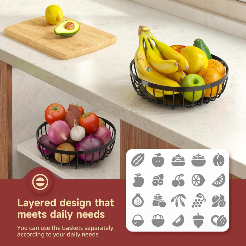 Panier de fruits à 2 niveaux pour comptoir de cuisine avec 2 cintres à banane, bol de fruits empilable en métal pour comptoir de cuisine pour fruits à légumes