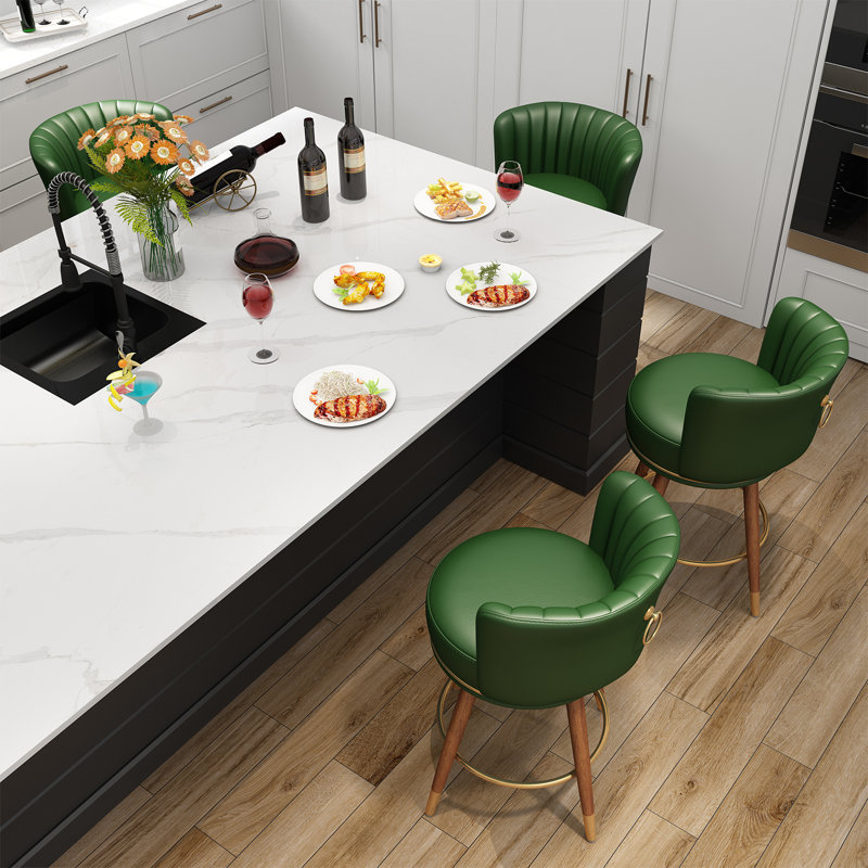 Green Leather Swivel Low Back Bar Stools with Wood Legs, Set of 4