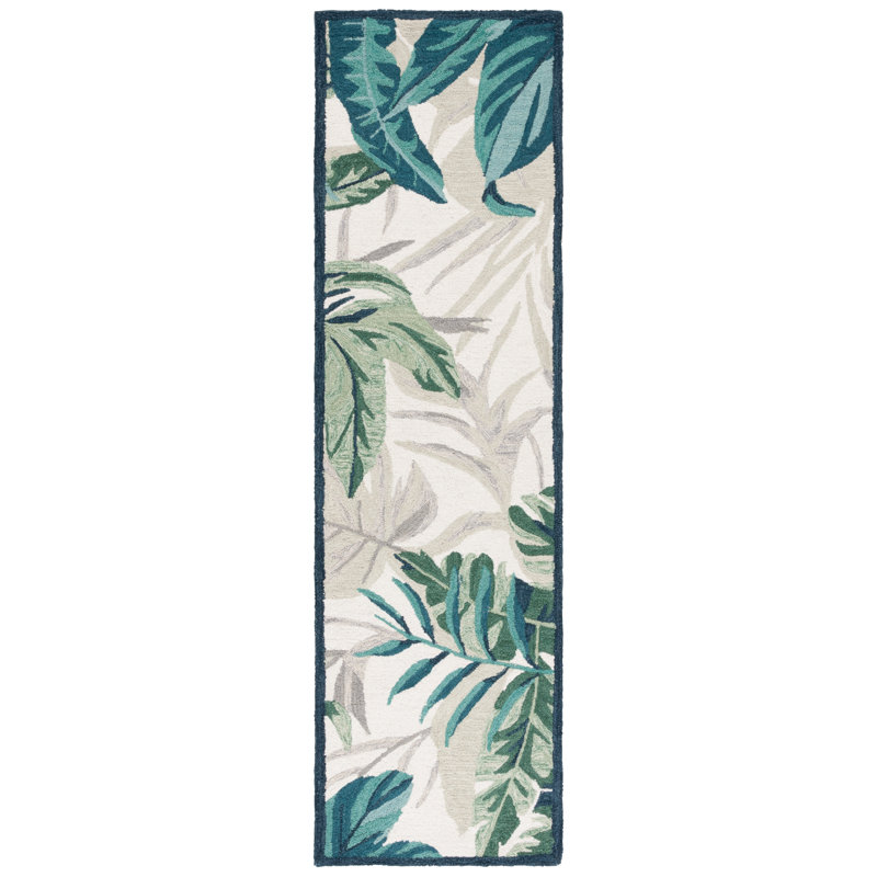 Romary Hand Tufted Wool/Cotton Performance Floral Rug in Ivory/Green, Runner 2'6" x 8'