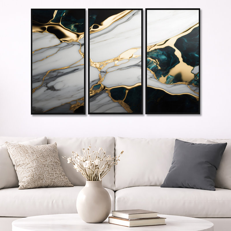 «Abstract Geode Gold and Green Marble I», reproduction sur toile 3 pièces, Cadre flottant noir, H 28 po x l 36 po x P 1 po