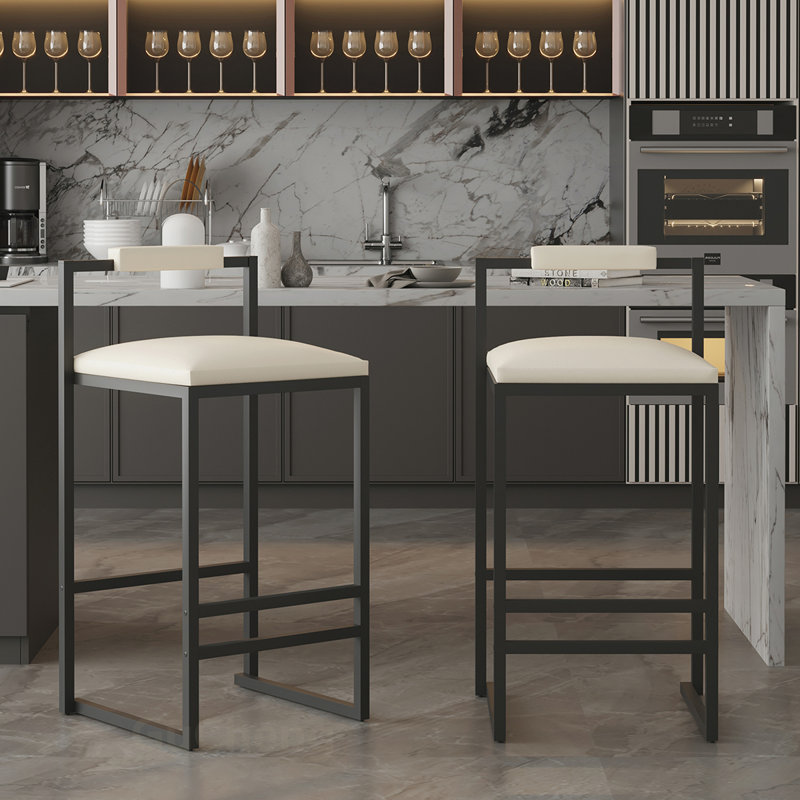 Comfortable PU Leather Upholstered Bar Stools with Backrest and Footrest, Set of 2 for Modern Kitchens and Bars, Beige