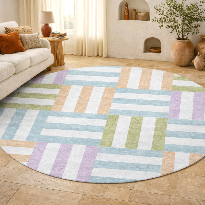 Premium Machine Washable Mayfield AMF2332 Geometric Rug, Pearl, 8' Round