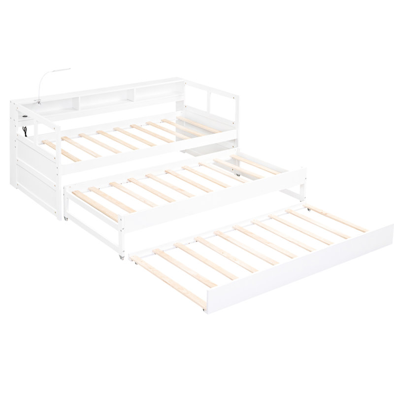 White Twin Xl Daybed With 2 Trundles, 3 Storage , & , Solid Wood Frame, Space Efficient In White, Charging Strong Build, Saving