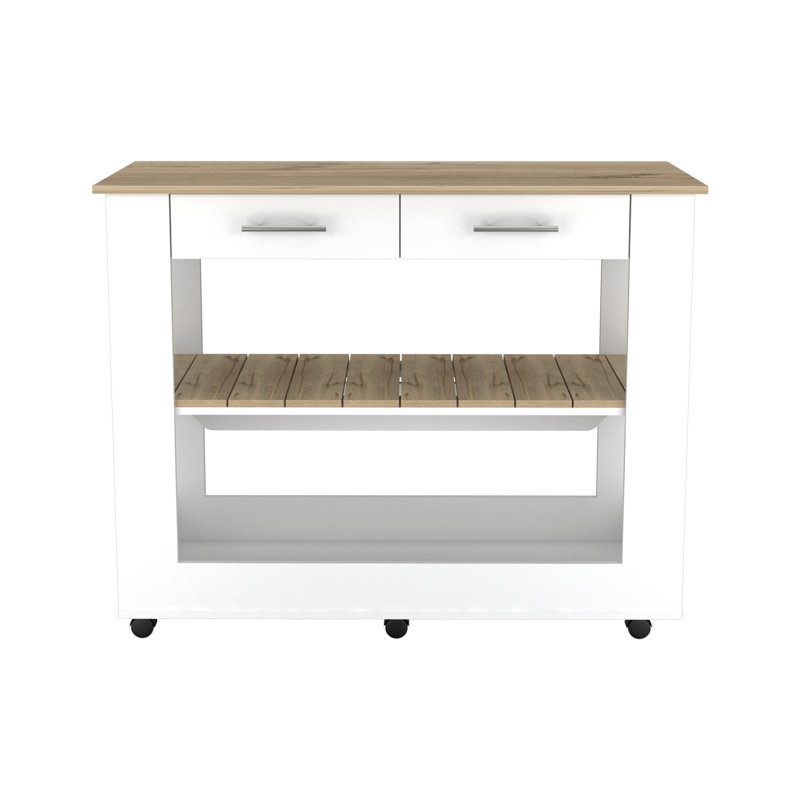 Kitchen Island with Drawer Shelves and Casters, White, 36.5" H x 46" W x 20" D