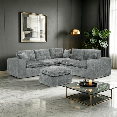 107" Boucle L-shaped Compressed Sectional Sofa with Moveable Ottoman and Pillows
