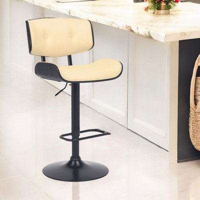 Primeau Swivel Adjustable Height Bar Stool with Pedestal Base in Faux Leather, Wood and Metal by Wade Logan