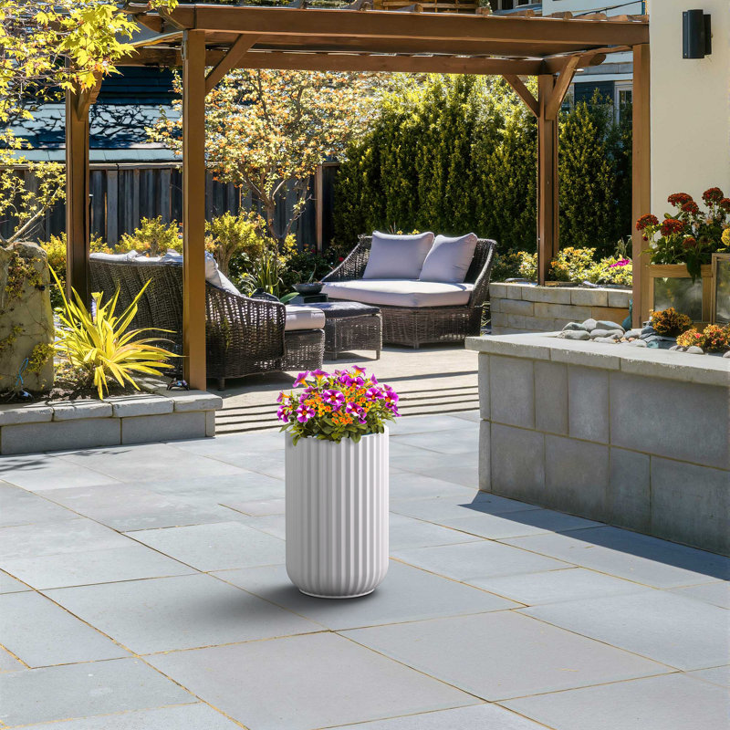 Medium Concrete Round Planter / Pot With Drainage Holes, 22.44" H x 13.98" W x 13.98" D, Crisp White(Premium Inner)