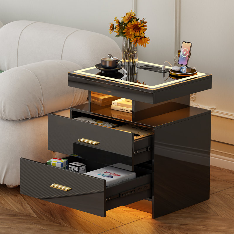 Motion Sensor RGB Light Bedside Table with Tempered Glass Top and Wireless Charging Station, Black