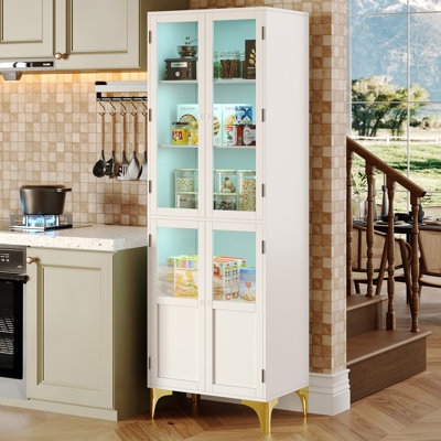 65'' LED Kitchen Pantry Storage Cabinet with Adjustable Shelves , Food Pantry &Art Display Cabinet with Acrylic Transparent Doors