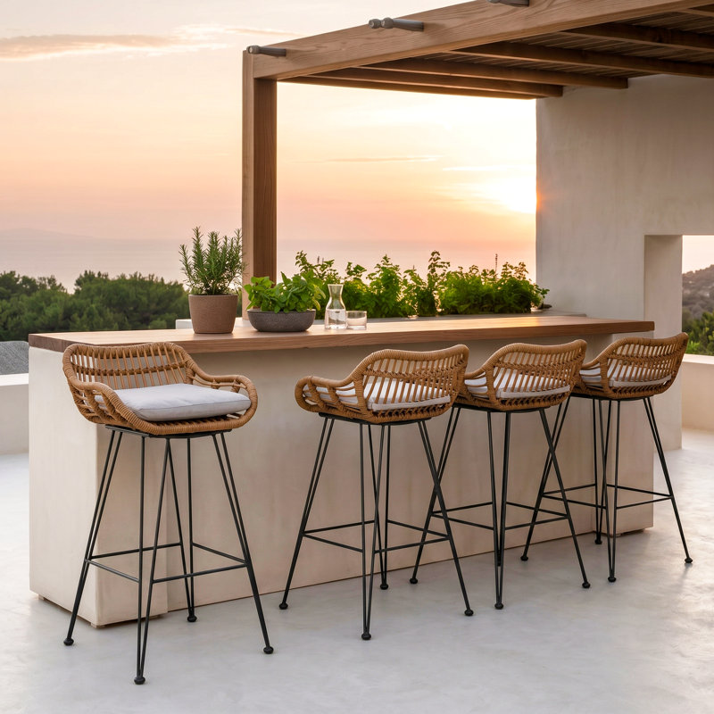 Endicott Outdoor 30 " H Patio Stool with Cushion, Light Brown Frame / Beige Cushion, 4
