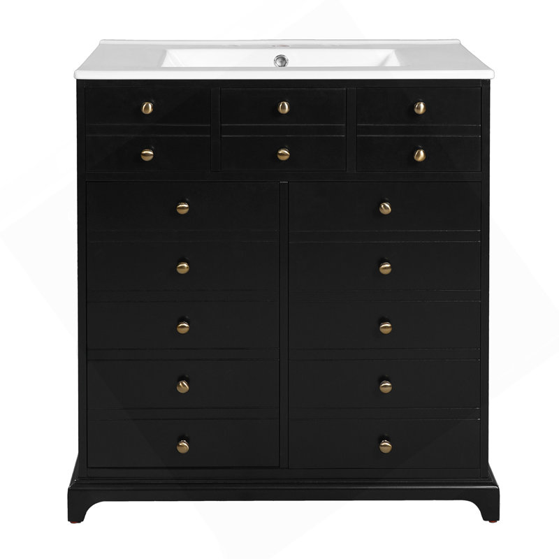 Ensemble de meuble-lavabo 30 po avec lavabo en céramique, meuble de rangement à cadre en bois, ensemble de meuble-lavabo autoportant avec 2 tiroirs et portes à fermeture douce, noir