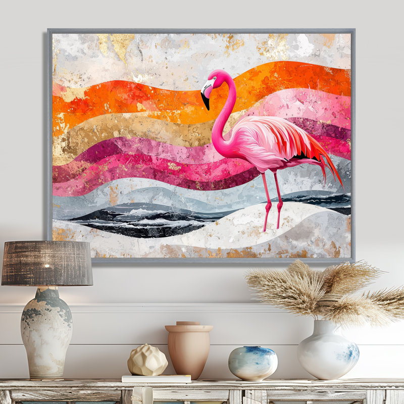 Or rose, flamant rose sur un paysage de plage audacieux I - art mural flamant rose, Argent argent, Cadre flottant