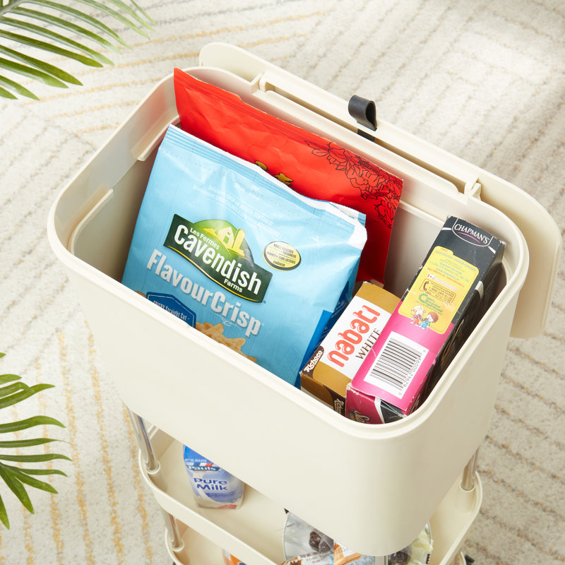 Kitchen Trash Can with Lid Garbage Bin with 2 Storage Shelves Narrow Waste Basket Snack Cart with Wheel