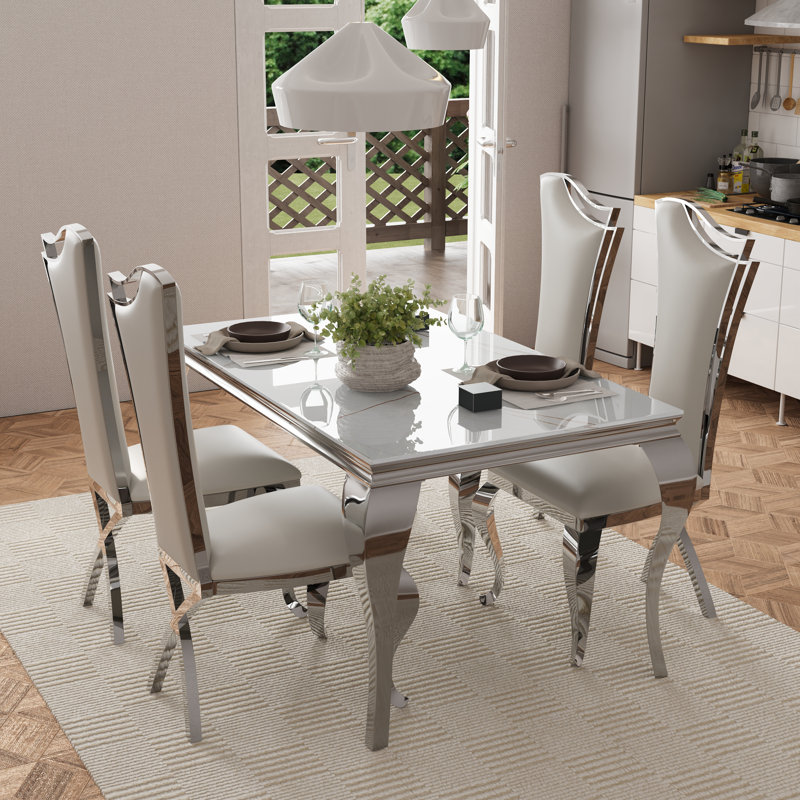 Keiann Glass Top Metal Base Dining Table, Silver