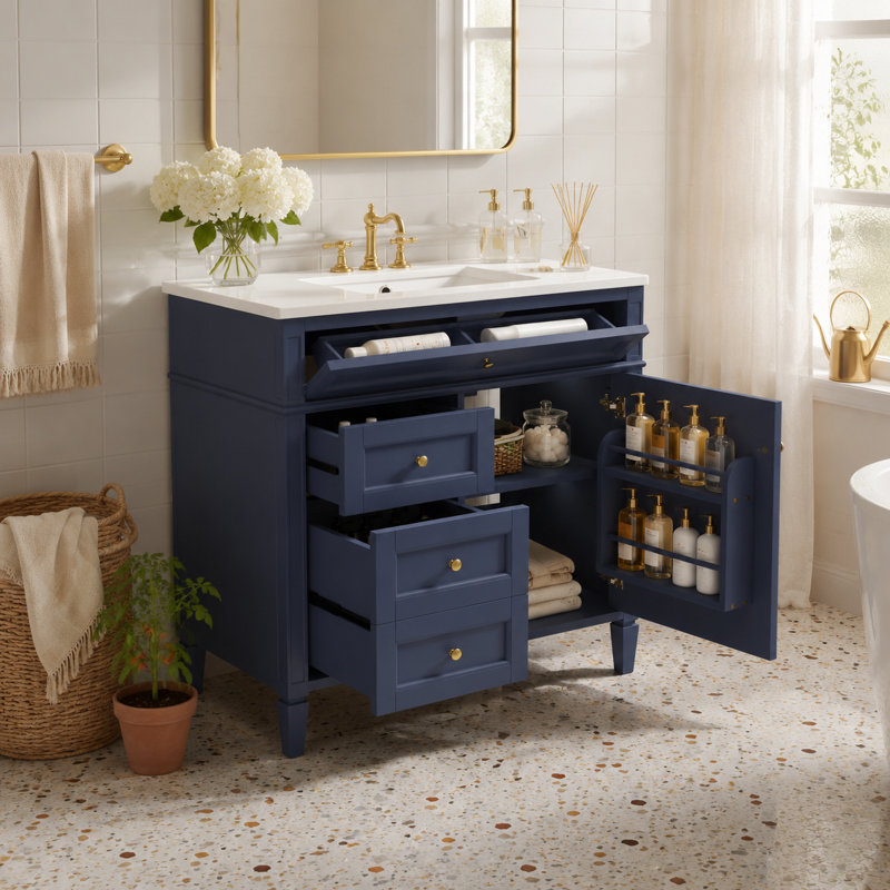 Meuble-lavabo autoportant bleu marine avec quincaillerie et rangement or