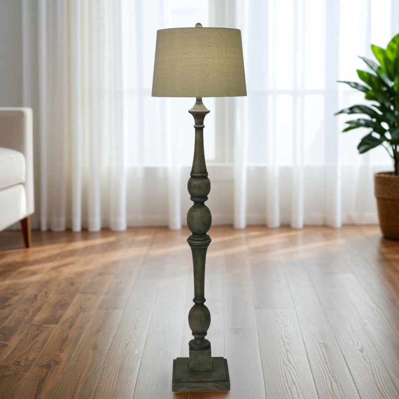 Lampe sur pied en résine patiné vieilli avec éclairage à 3 voies et finition gris chaud