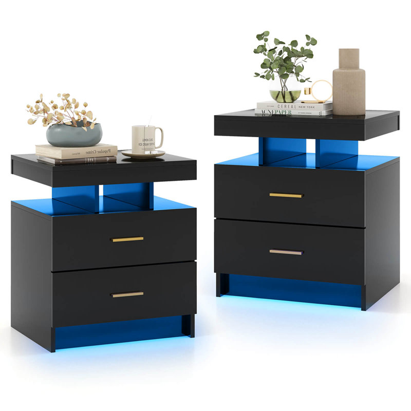 Ivy Bronx Led Nightstand Set Of 2 With 2 Storage Drawers Adjustable Light Mode Remote Control