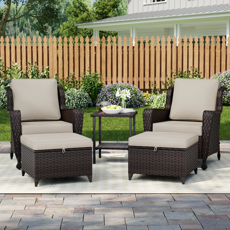 Fauteuils de patio en osier pour 2 personnes avec repose-pieds, table d'appoint et coussins beiges en PE, Beige