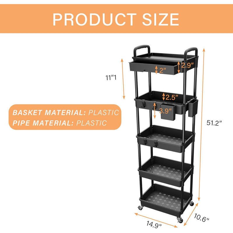 Rolling Storage Cart, 5 Tier Storage Organizer Utility Cart Mobile Shelving Unit, Matte Black