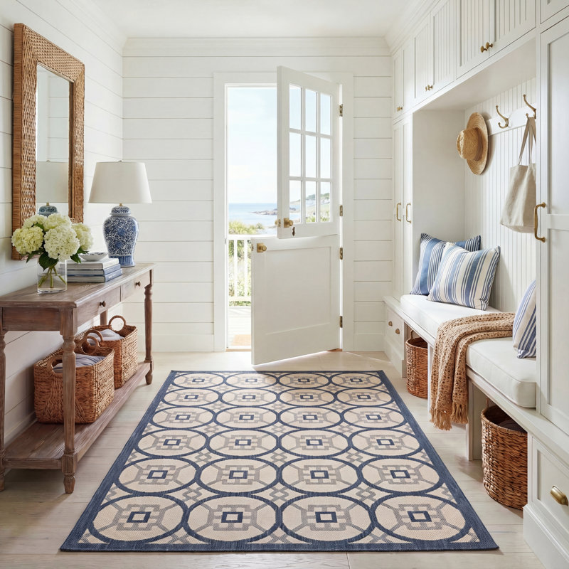 Tapis intérieur/extérieur beige/bleu marine Raymond, Rectangle 5 pi 3 po x 7 pi 7 po