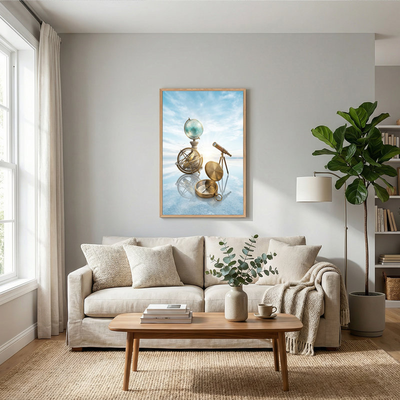 Art mural rétro avec boussole en laiton et globe céleste, H 48 po x l 36 po