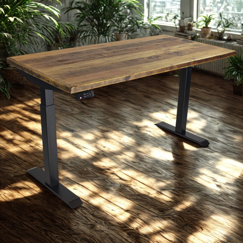 Skyscraper Electric Height Adjustable Standing Desk, Dual Motor and Digital Control with Memory, 60x30, Real Reclaimed Wood Top with Black Frame
