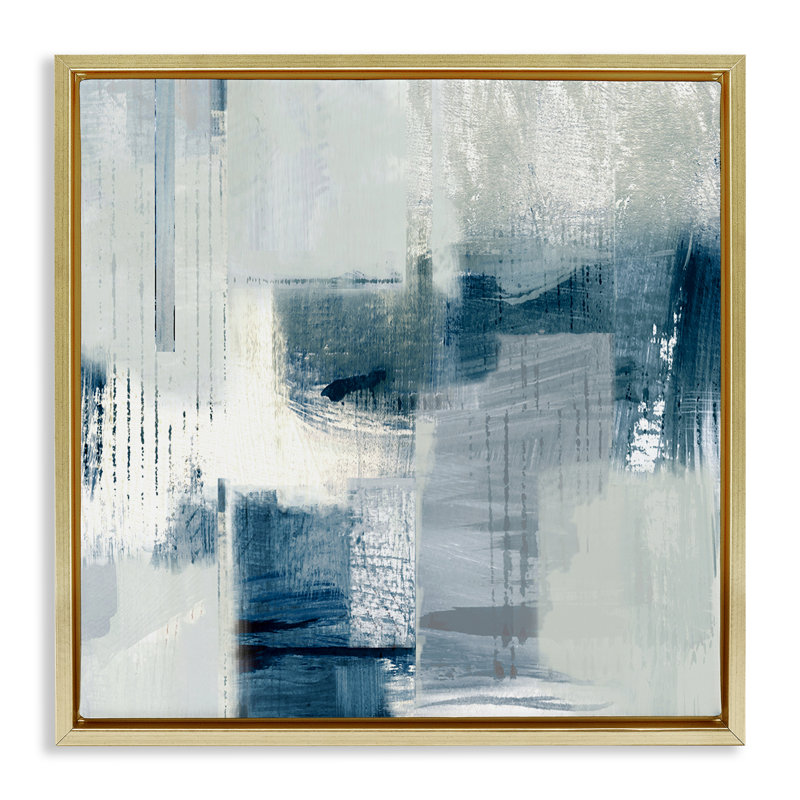 Abstraction délavée avec des bleus, Cadre flottant métallique doré, H 18 po x l 18 po