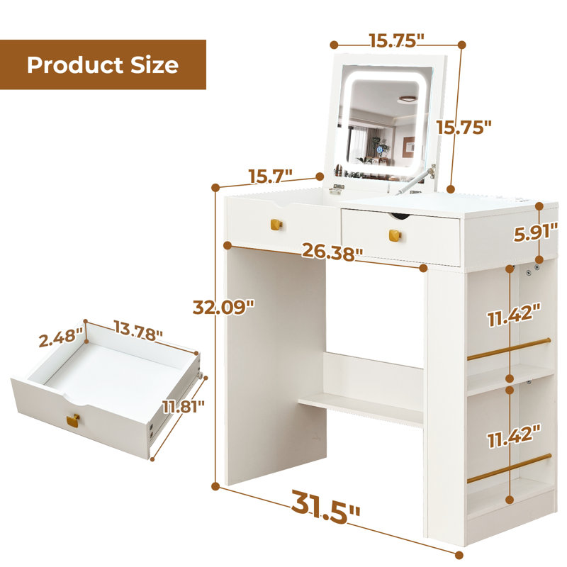 Ebern Designs Modern Flip Top Mirror Makeup Vanity, Dressing Desk with  Drawer and Lots Storage Shelves, Vanity Table With Lighted Mirror And  Charging Station for Bedroom, Writing Desk with Hidden Storage &