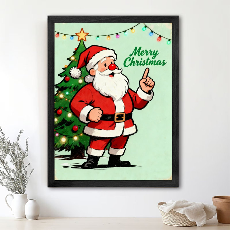 «Merry Christmas» rétro encadré noir, dessin de père Noël, art mural de style rétro, H 25 po x l 17 po