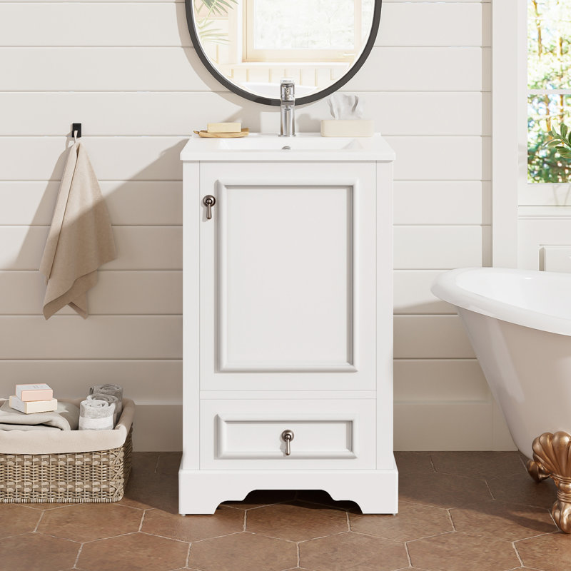 Meuble-lavabo simple de 20 po avec plateau en céramique, tablette ajustable en U et tiroir divisé, Blanc