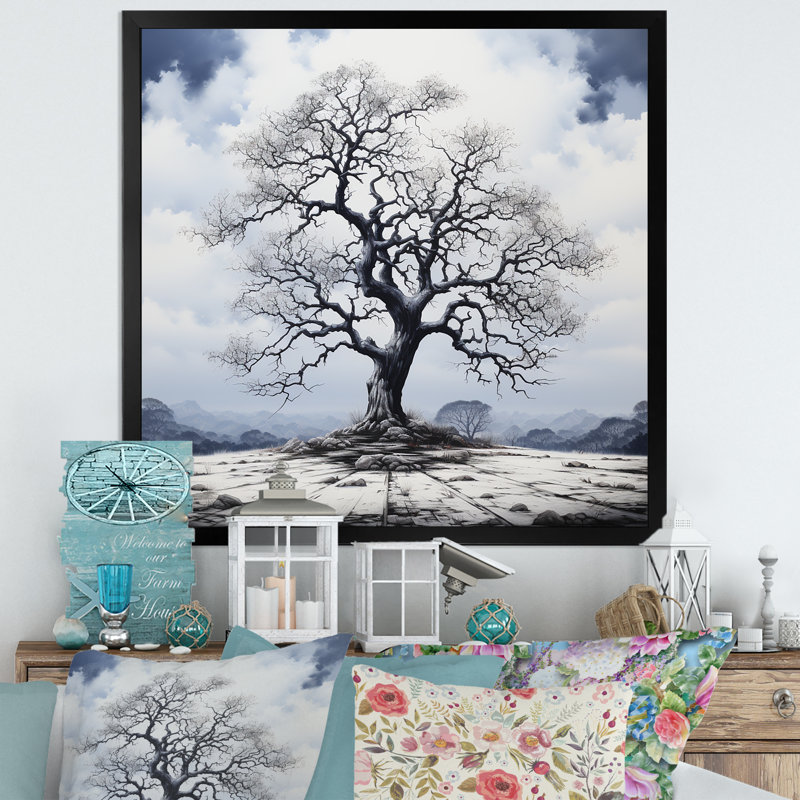 Arbre monochromatique à contraste de solitude, reproduction sur toile, Cadre simple noir, H 16 po x l 16 po x P 1 po