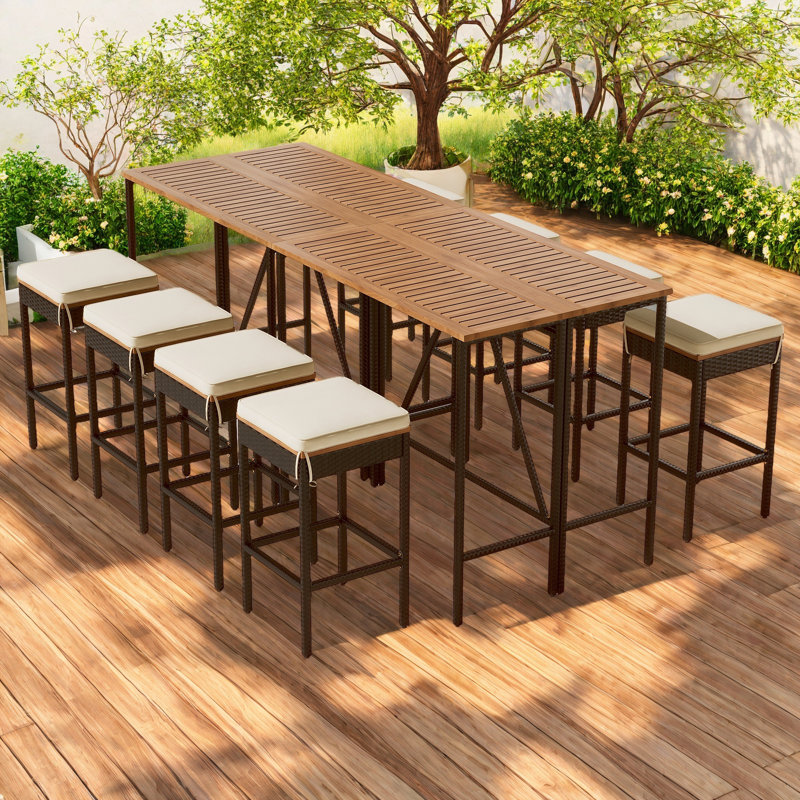 Table de bar d'extérieur en bois d'acacia 10 pièces et huit tabourets avec coussins