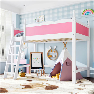 Lit mezzanine simple en bois massif avec garde-corps pleine longueur, échelles et rangement spacieux sous le lit, rose et blanc